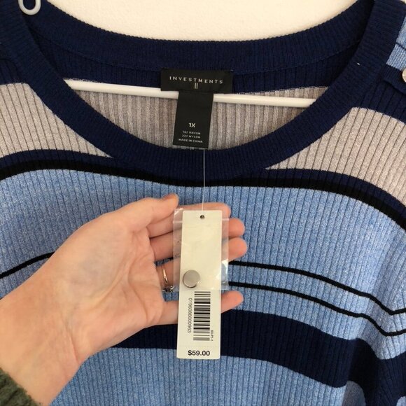 NEW NWT INVESTMENTS Plus Size Blue Light Blue Black Striped Crew Neck Sweater 1X - Picture 5 of 10